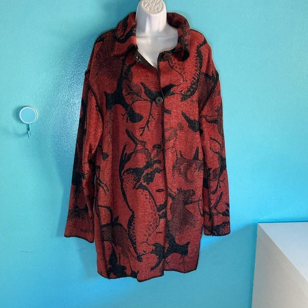 Beverly Robben Red Print Coat Size M 48" Bust Vintage 1990's Button Up Jacket